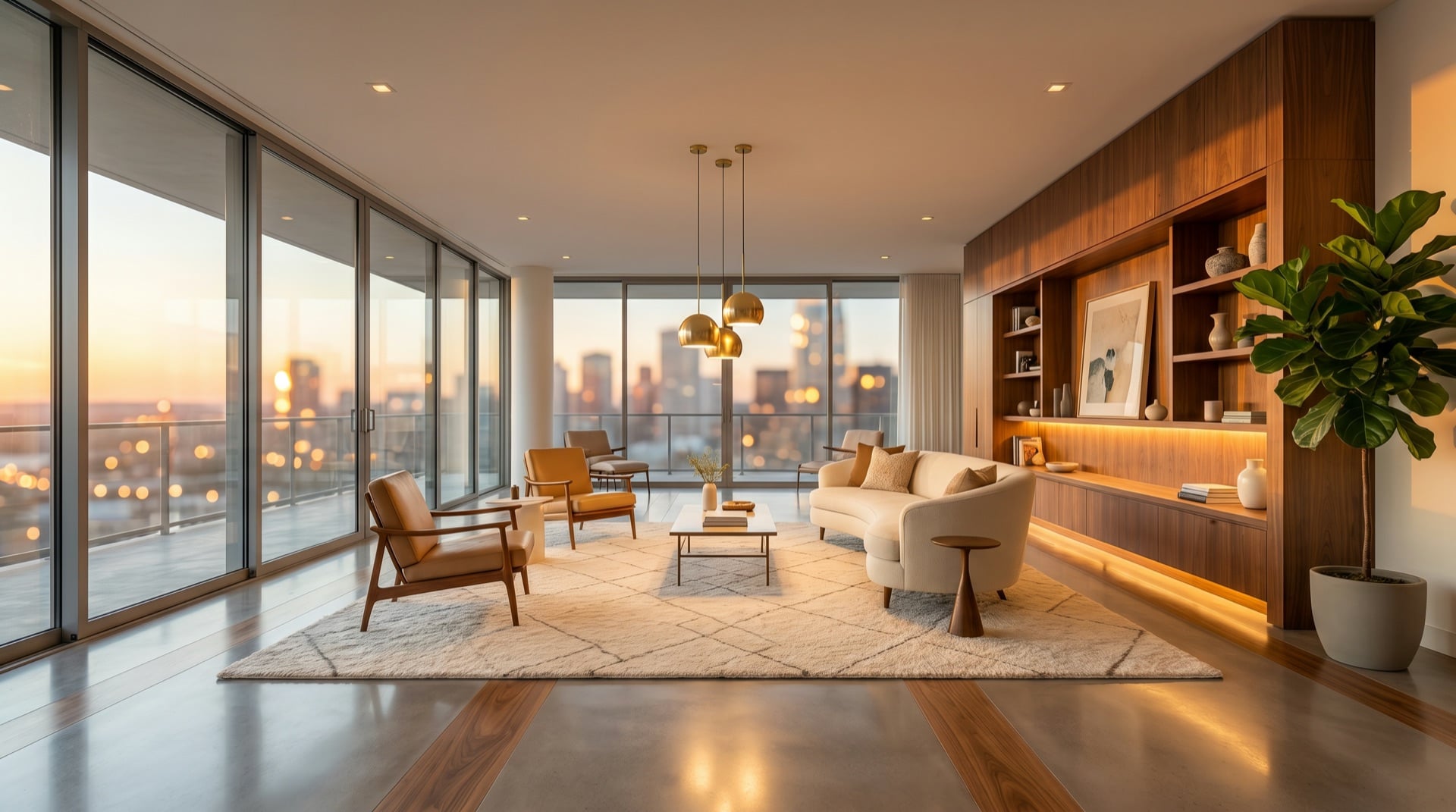 Luxury high-rise apartment interior at golden hour with floor-to-ceiling windows, walnut feature wall, and warm pendant lighting