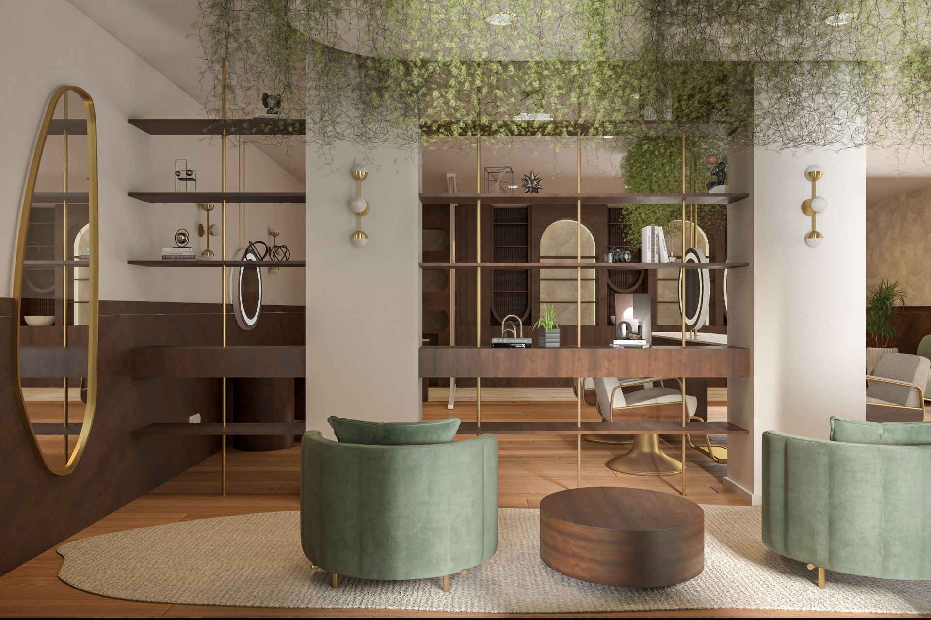 Resident lounge with built-in shelving and millwork
