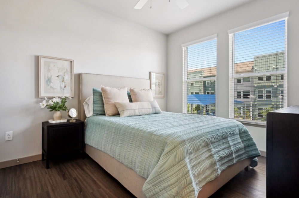 Berry model bedroom with wood-style flooring