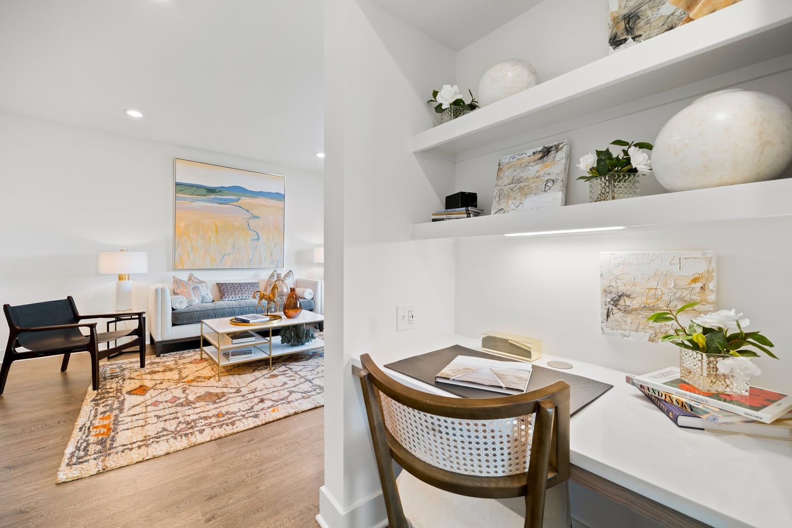 Colony Place built-in desk and bookshelves off the living room