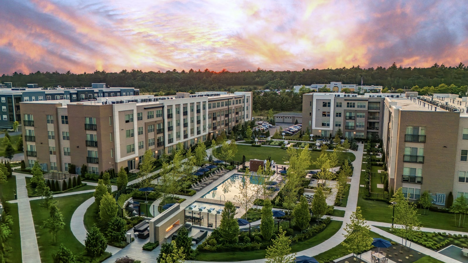 Colony Place apartment community aerial view with courtyard and pool, Plymouth, MA