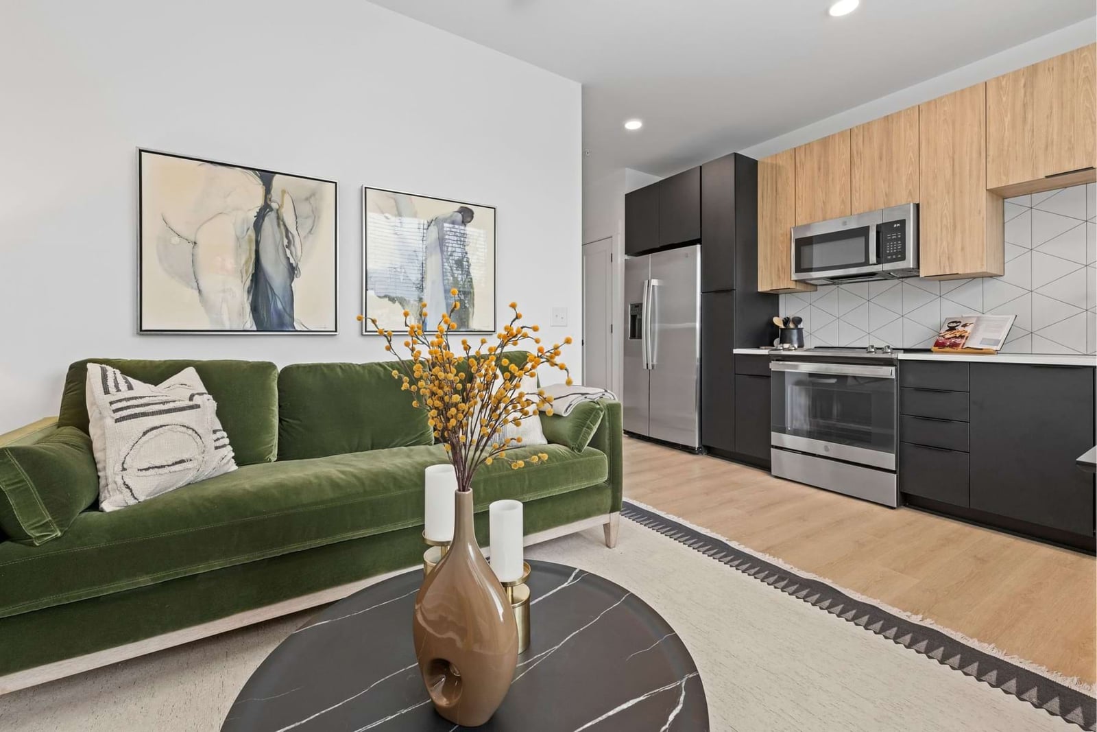 Elan LoSo living room opening to the kitchen