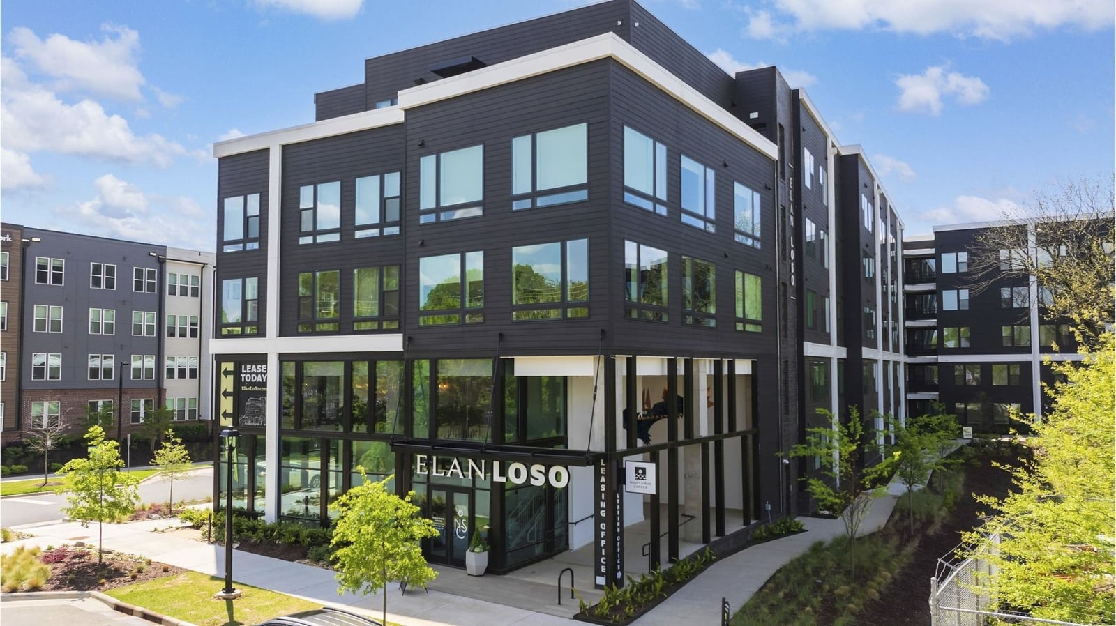 Elan LoSo building front and leasing entrance, Charlotte, NC
