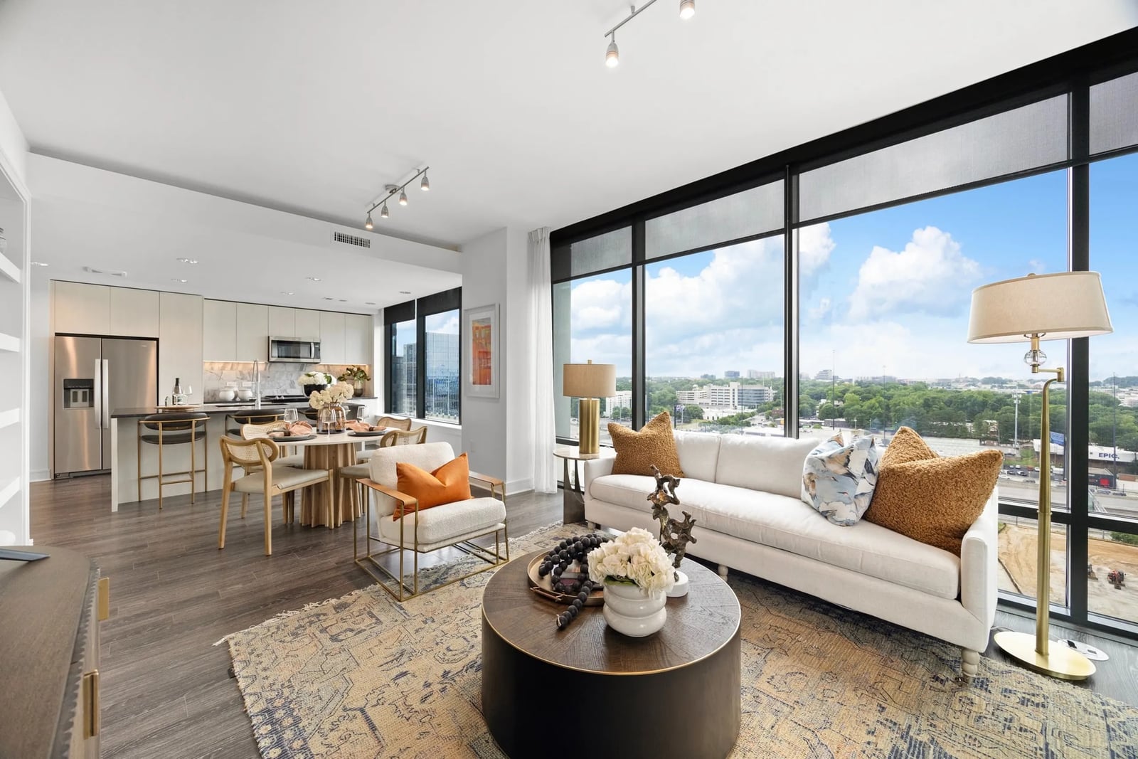 Midtown open-concept living room with floor-to-ceiling windows