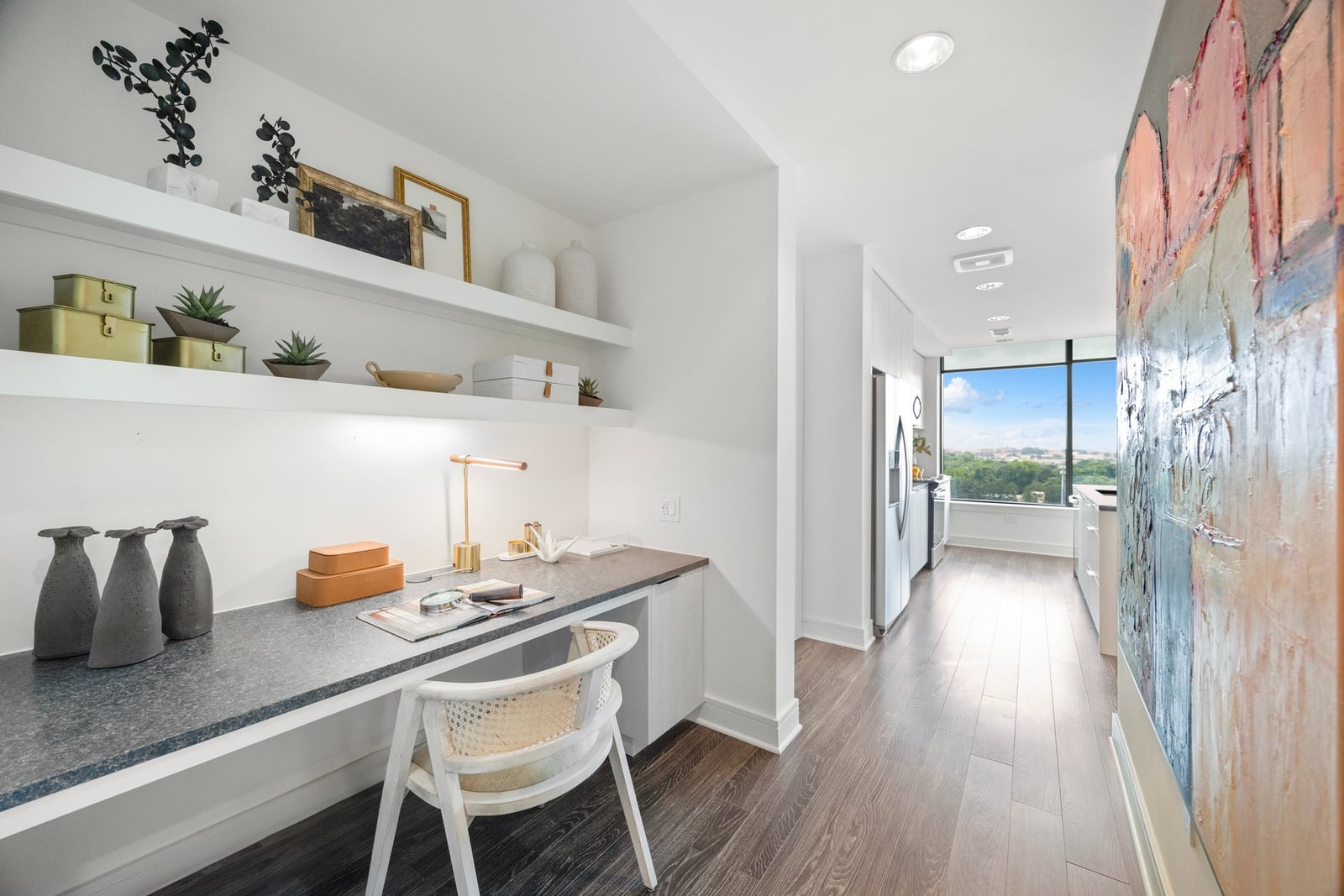 Midtown entry with built-in desk and floating shelves