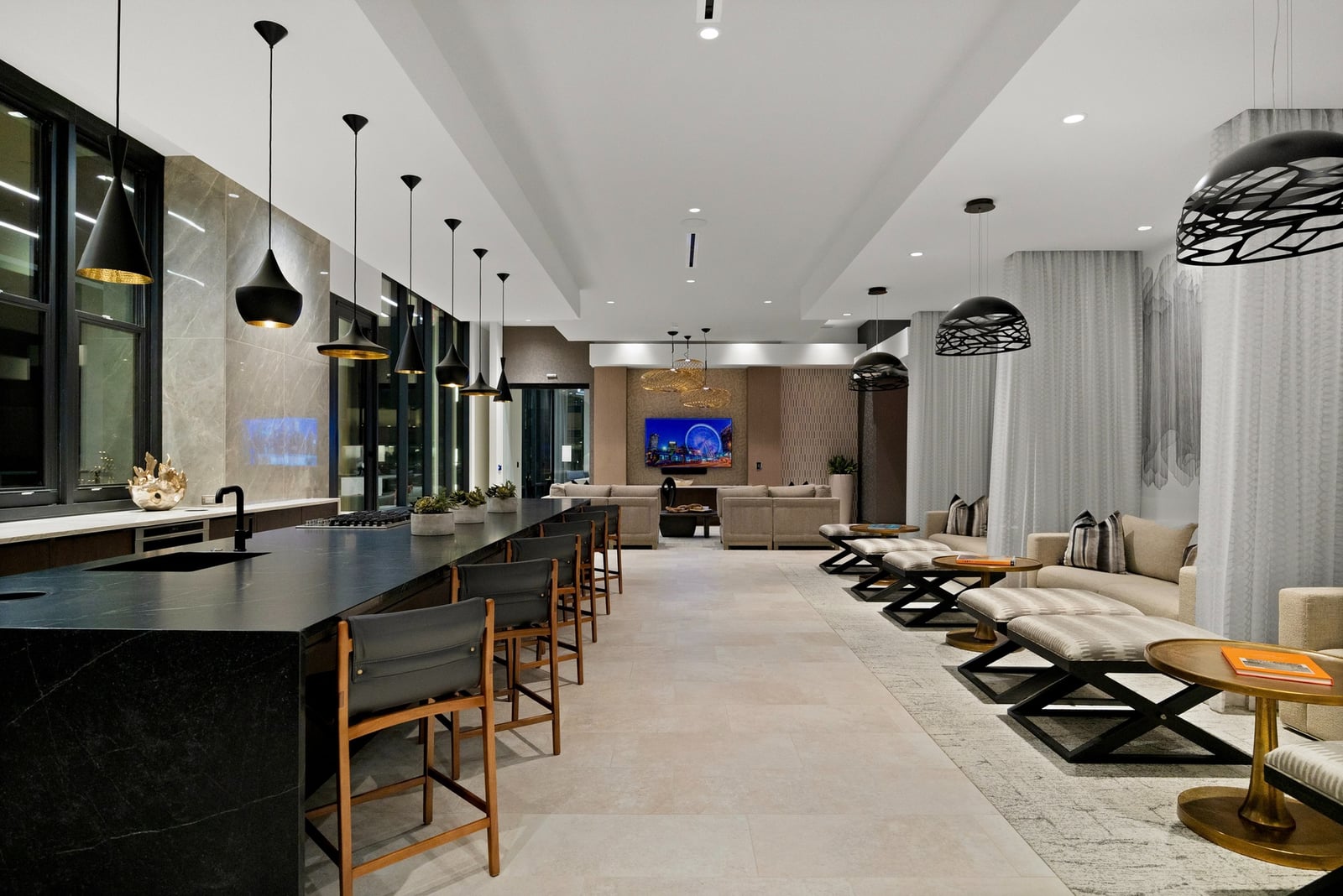 Midtown club room with counter seating and curtained lounge areas