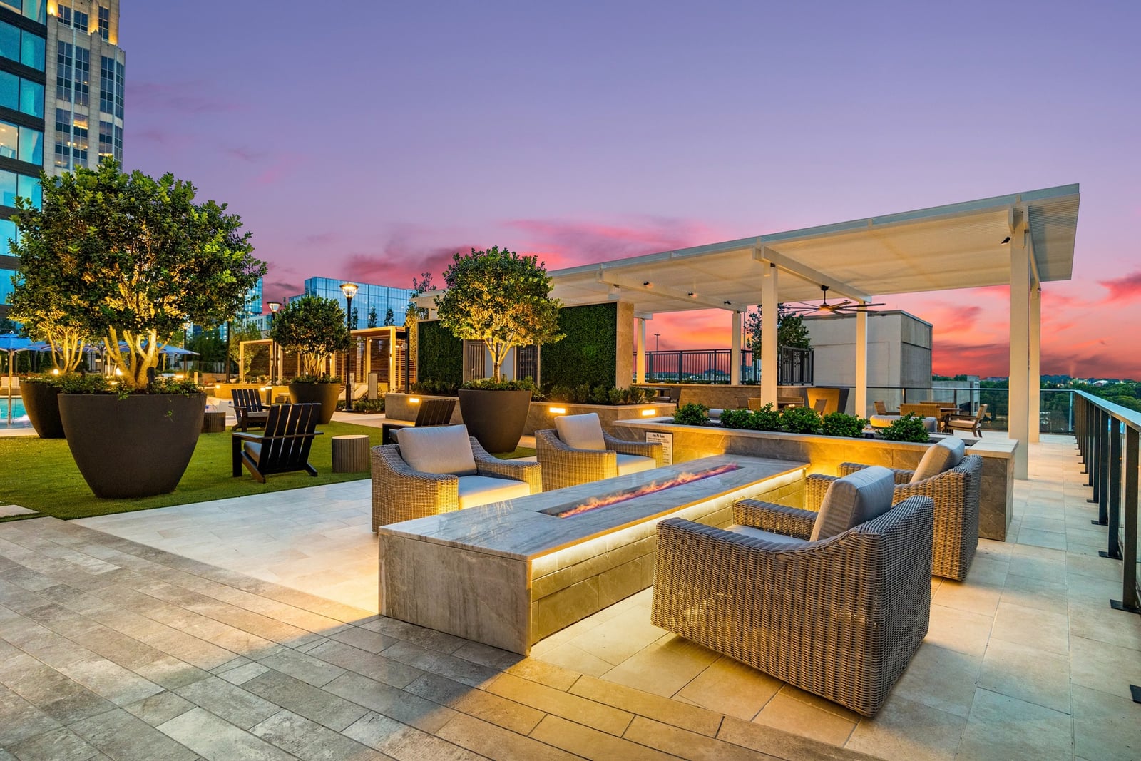 Midtown elevated amenity deck with fire pit seating and arbor