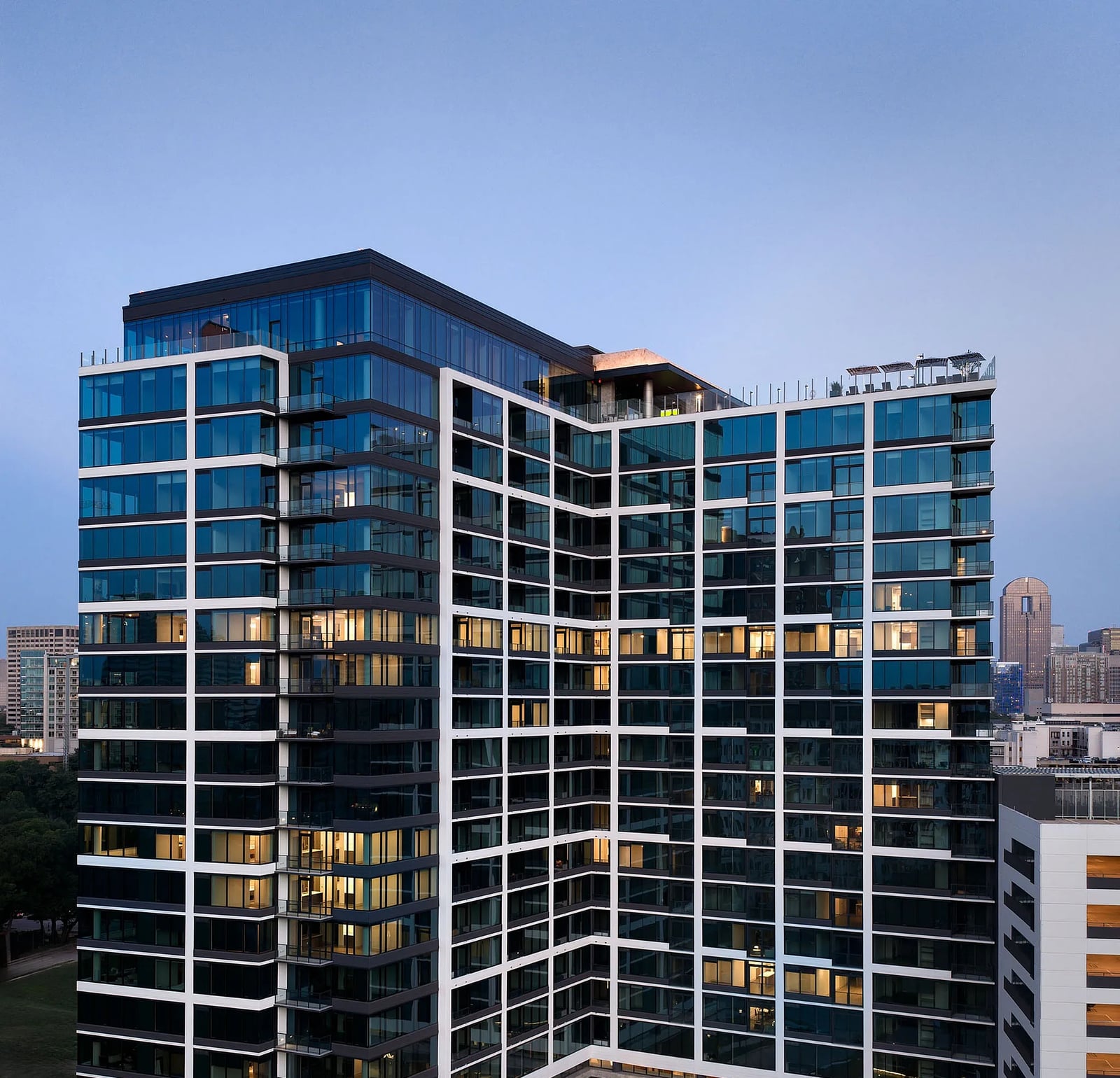 Parkview Turtle Creek high-rise at dusk, Dallas