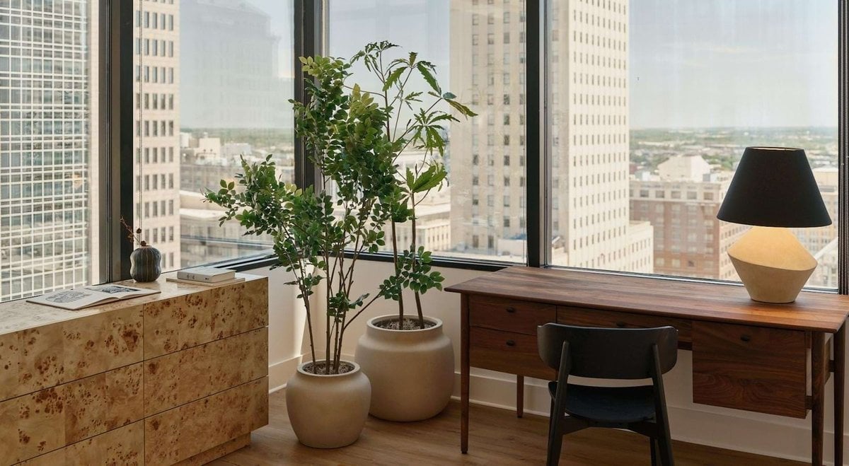 Peridot Residences study with a desk by the window and a downtown view