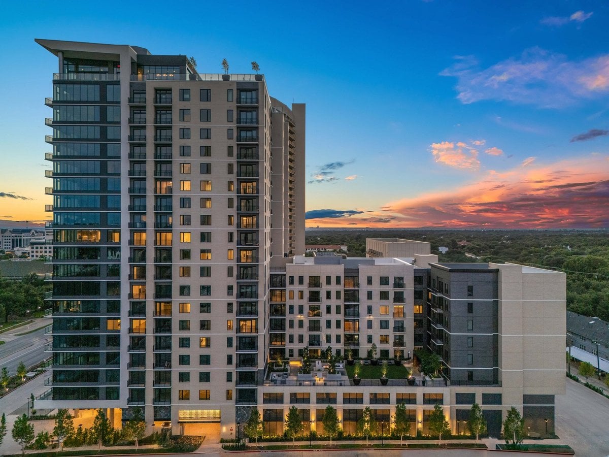 Preston Hollow high-rise at sunset, Dallas
