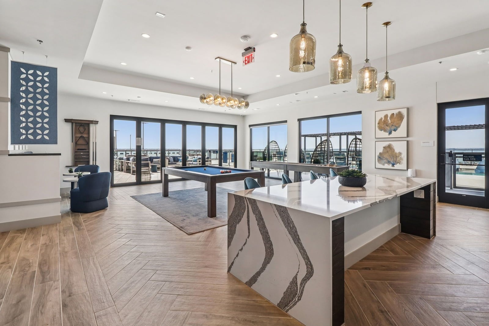 Surfside at Sapphire Bay game room with billiards, bar island and rooftop access