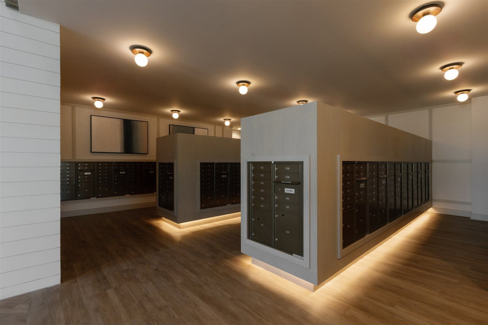 Surfside at Sapphire Bay mail room with cluster mailboxes set in freestanding kiosks