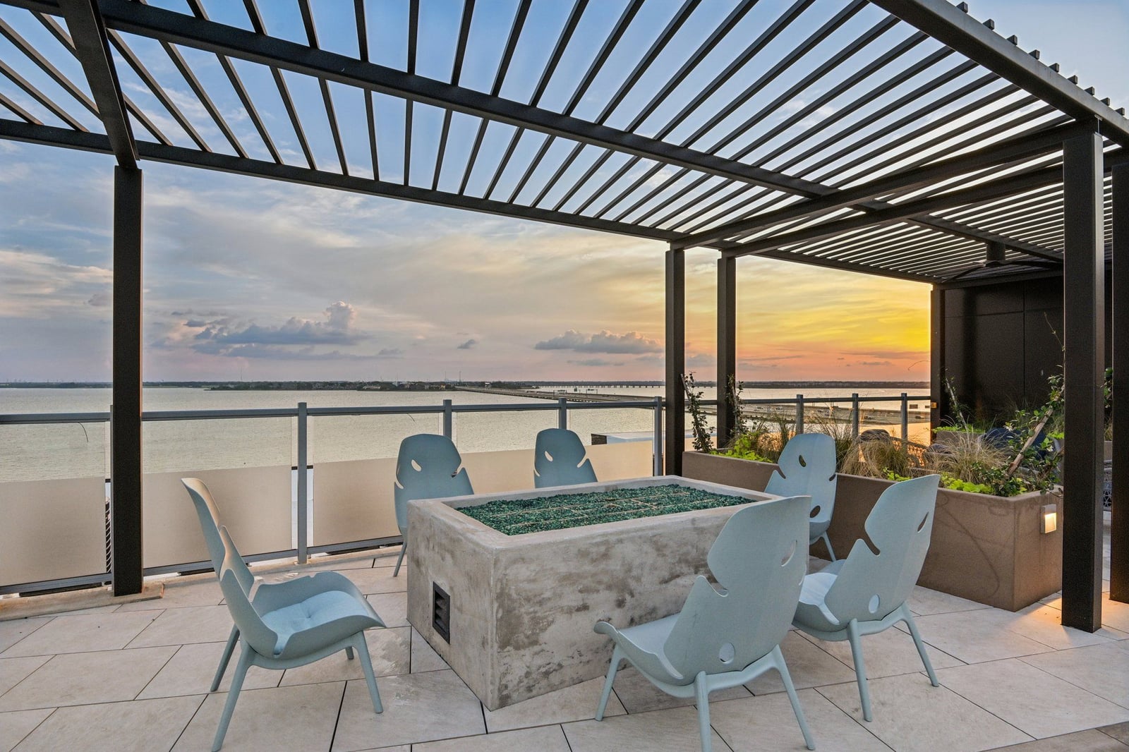 Surfside at Sapphire Bay rooftop fire pit terrace at sunset over Lake Ray Hubbard