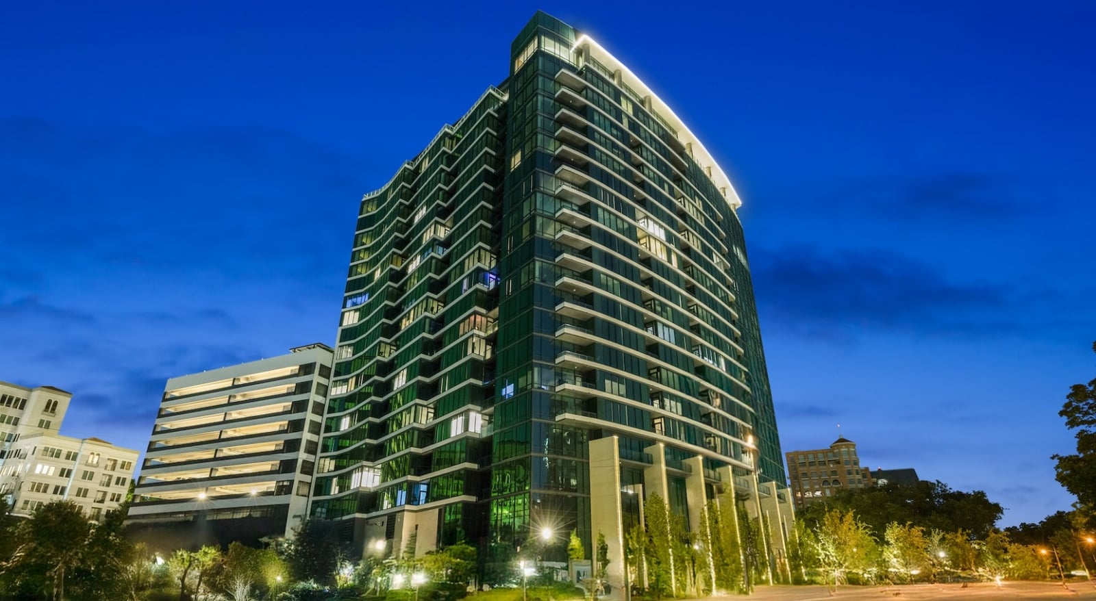 Turtle Creek high-rise at dusk, Dallas