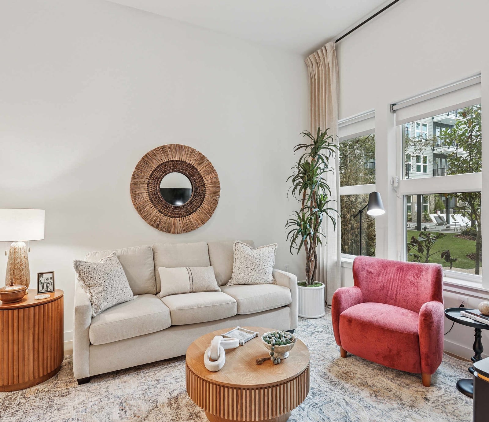 Wellory Living living room with sofa and courtyard view