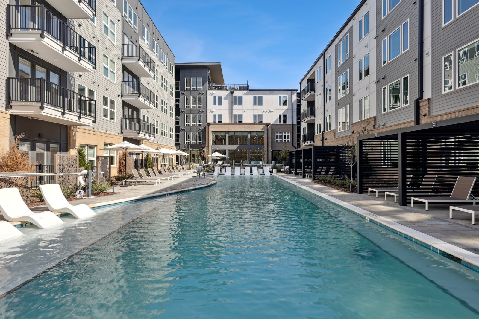 Wellory Living pool courtyard with the building on three sides, Huntsville, AL