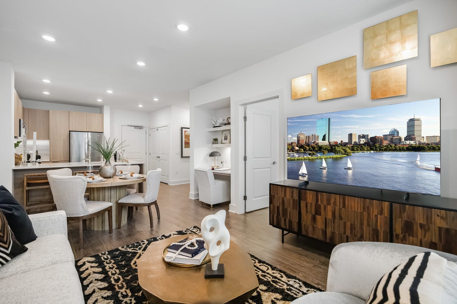 Weymouth living and dining area with built-in desk nook