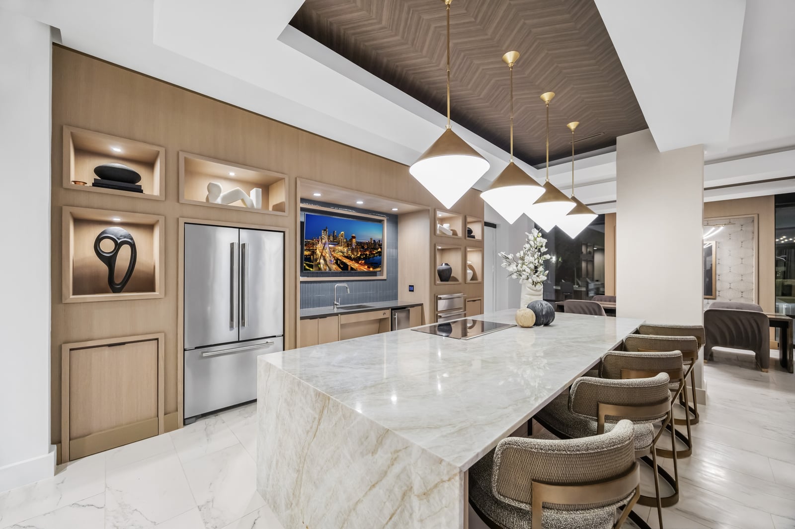 Weymouth entertaining kitchen with waterfall island and built-in niches