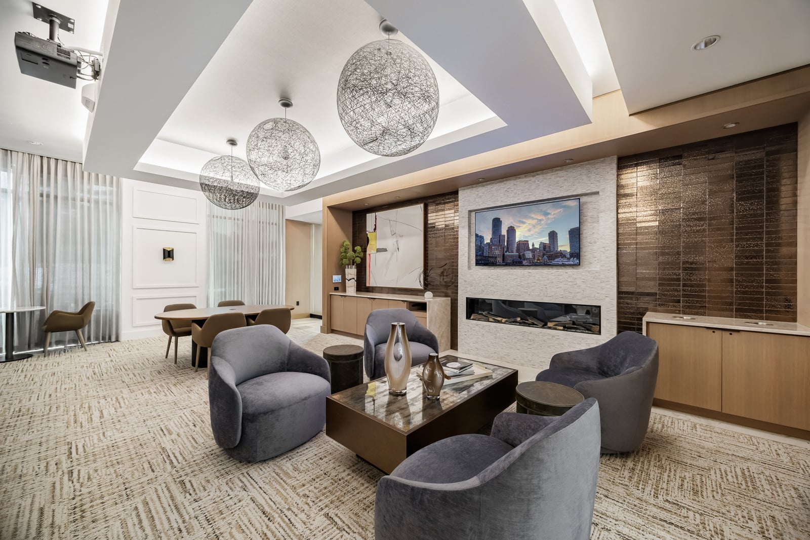 Weymouth lounge with linear fireplace and tile feature wall